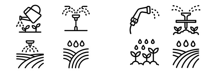 Line art icons representing essential agricultural watering, irrigation, and plant growth processes