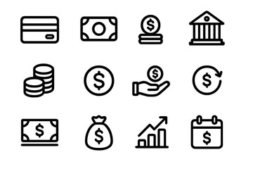 Business and finance icons set featuring credit card, cash, coins, bank, and growth chart symbols