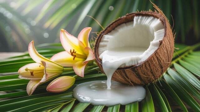 Editorial natural ingredient flatlay featuring creamy coconut spill, lush green foliage, and floral accents, ideal for premium lifestyle campaigns and food styling.
