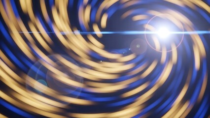 Abstract swirling blue and gold light trails with lens flare