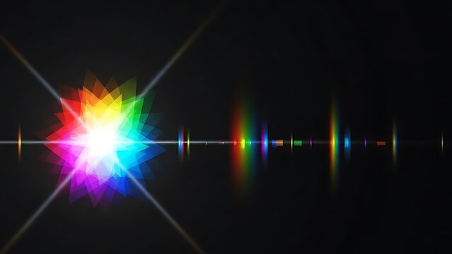 Bright rainbow light flare with spectral colors and starburst effect on black background