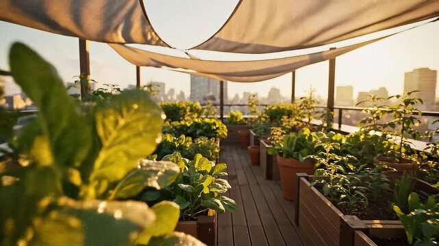 A serene rooftop garden with a variety of lush green plants in wooden planters, covered by sunshades, overlooking a cityscape at sunset with warm tones.