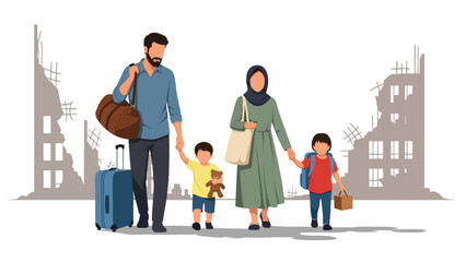Naklejka premium Flat vector illustration of a displaced family traveling with belongings, symbolizing migration, safety, and humanitarian response needs