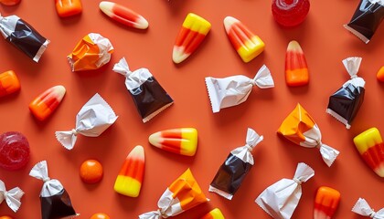 Vibrant halloween candy flat lay with neon reflections on colorful wrappers in top down view