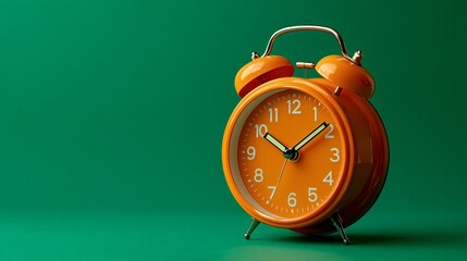 Vibrant orange alarm clock against a bold green background, perfect for time management and productivity themes in modern designs