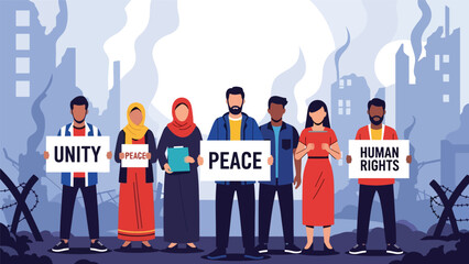 Flat vector illustration of diverse people holding peace and unity signs during a calm demonstration, ideal for activism, rights, and social change themes