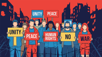 Flat vector illustration of diverse people holding peace and unity signs during a calm demonstration, ideal for activism, rights, and social change themes