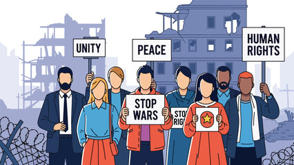 Flat vector illustration of diverse people holding peace and unity signs during a calm demonstration, ideal for activism, rights, and social change themes