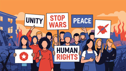 Flat vector illustration of diverse people holding peace and unity signs during a calm demonstration, ideal for activism, rights, and social change themes
