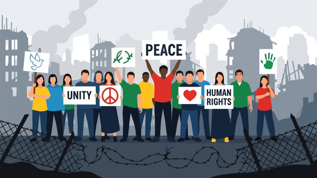 Flat vector illustration of diverse people holding peace and unity signs during a calm demonstration, ideal for activism, rights, and social change themes