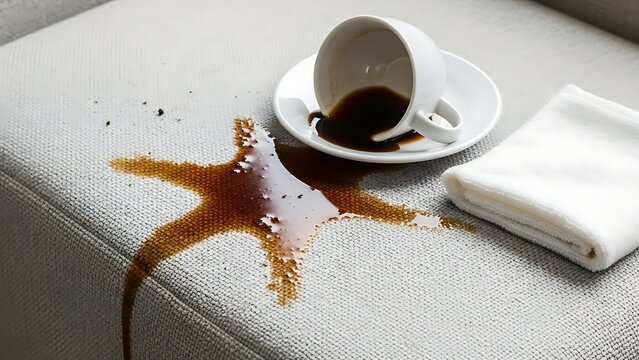 Spilled Coffee Cup on Sofa Creating a Starburst Stain.