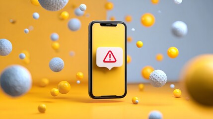 Urgent mobile security alert demanding attention now on vibrant phone display with floating spheres, representing digital threats and system errors