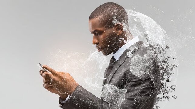 Stylish businessman using his smartphone with digital world overlay for professional global communications and networking concepts