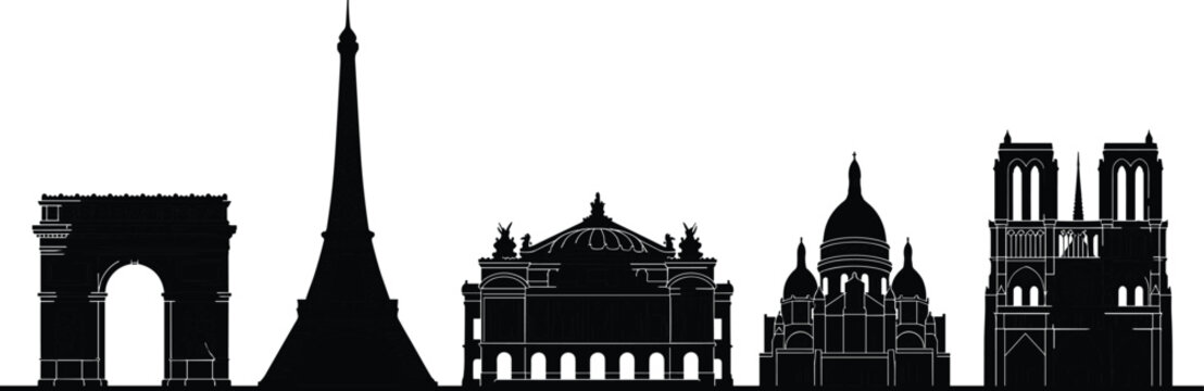 Paris France skyline silhouette with famous landmarks, Eiffel Tower, Arc de Triomphe, Notre Dame, Sacre Coeur, and Opera Garnier, black vector icon