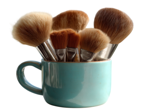 Artist paintbrushes in cup with colorful palette.