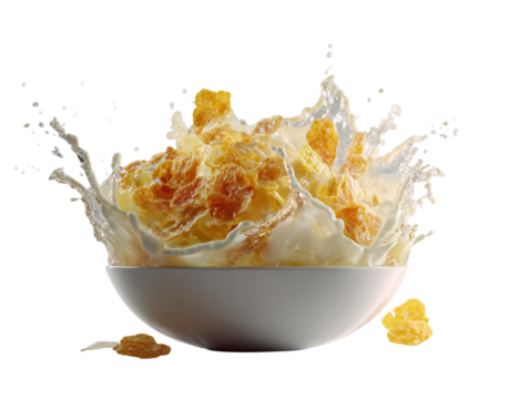 Cornflakes splashing into milk in a white bowl.