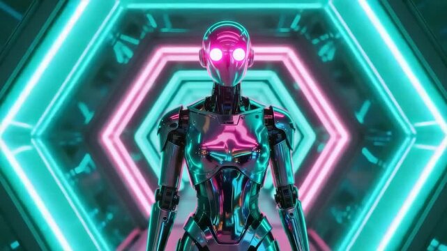 A futuristic chrome robot stands in a neon tunnel as its glowing eyes intensify, vibrant light patterns ripple across its metallic body, and the pulsing geometric background creates a dynamic sci-fi
