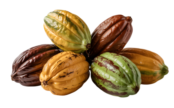 Pile of fresh cocoa pods in various colors isolated on transparent background
