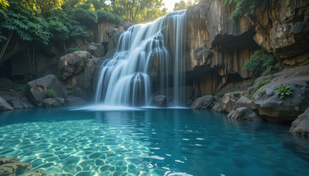 Scenic waterfall cascading into a clear turquoise pond area - Powered by Adobe