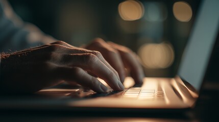 A man's hands are actively typing on a laptop, with delicate fingers pressing the keys in a dimly lit room. The warm light highlights the man's focused effort on his work.