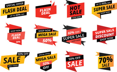 A vibrant collection of modern geometric promotional marketing graphics, including discount banners and price tags for retail