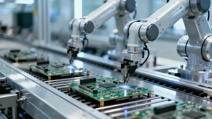 Robotic arms rapidly pick and place components on moving circuit boards, switching tools with crisp synchronized precision as LEDs blink across the automated assembly line during high-tech production