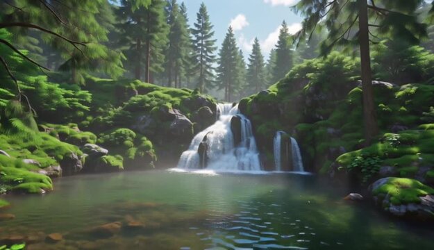 Serene Waterfall in Verdant Forest: A pristine waterfall cascades gently into a crystal-clear pool, surrounded by lush green foliage and towering trees, a testament to nature's tranquility and beauty.