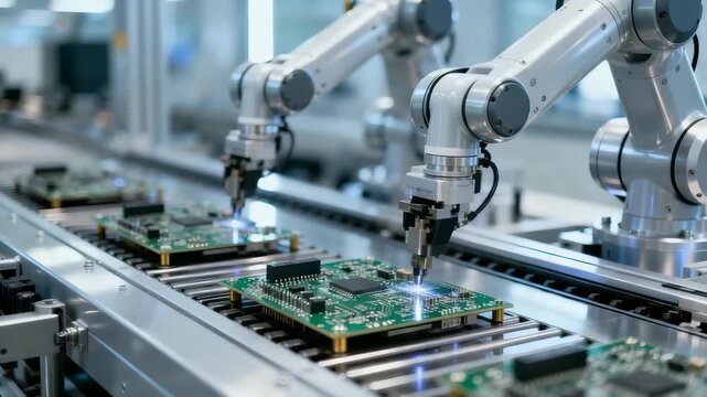Robotic arms rapidly pick and place components on moving circuit boards, switching tools with crisp synchronized precision as LEDs blink across the automated assembly line during high-tech production