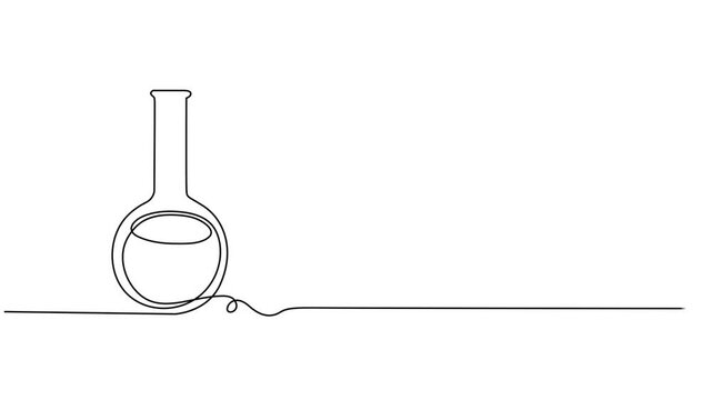 Animated self drawing of continuous line draw laboratory glassware. Full length one line animation. 4K, Single continuous line animation chemical science flask isolated on white background.