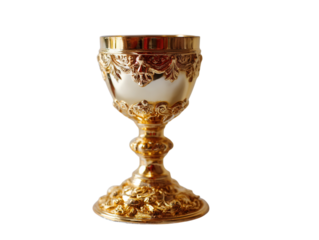 An ornate golden chalice with decorative engravings.