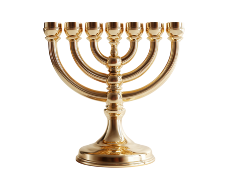 A golden menorah with seven branches and detailed craftsmanship.