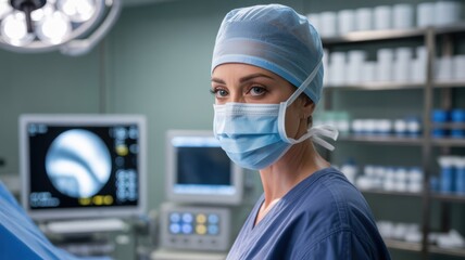 A female surgeon in the operating room, wearing a blue surgical cap, a blue face mask and a blue medical gown. A photo with a place for the text.