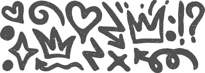 Hand-drawn doodle set featuring bold black graffiti-style symbols including crowns, hearts, arrows, and expressive marks. Rough textured shapes add an urban artistic feel. Ideal for street art design,