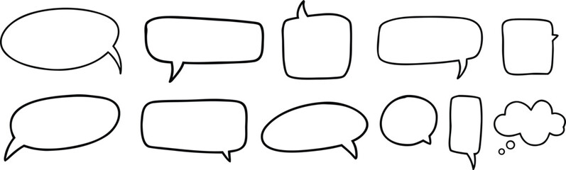 Set of hand-drawn speech bubbles in various shapes including ovals, rectangles, circles, and thought clouds. Simple black outlines create a playful comic-style look. Perfect for captions, doodles, 