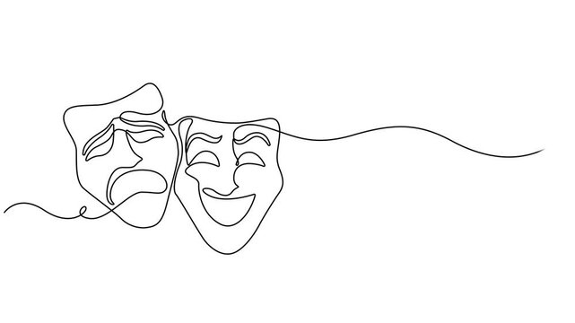Self drawing line animation Comedy and tragedy line theater masks feelings continuous one single line drawn concept video, Animation of continuous one line drawing of two theater masks. Role-playing