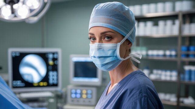 A female surgeon in the operating room, wearing a blue surgical cap, a blue face mask and a blue medical gown. A photo with a place for the text.