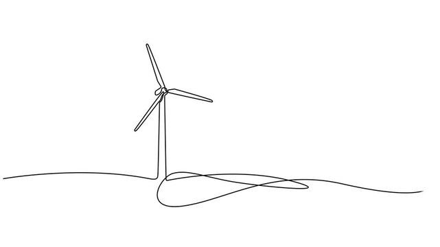 wind farm generating renewable energy continuous one line drawing animation, Video. Windmill, wind energy, the only one in one continuous line. Wind alternative energy. Hilly terrain with generating