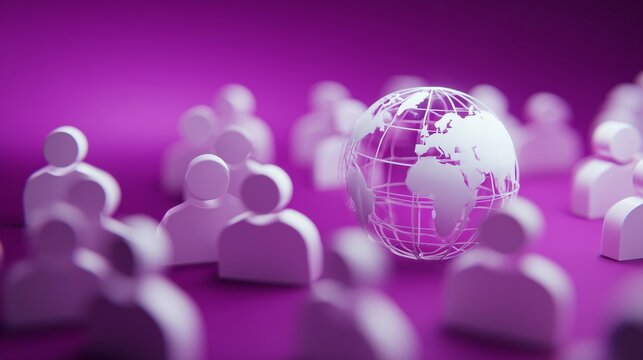 A translucent globe featuring continents stands in the foreground, surrounded by white icons representing men and women. The men and women symbolize global connections and relation