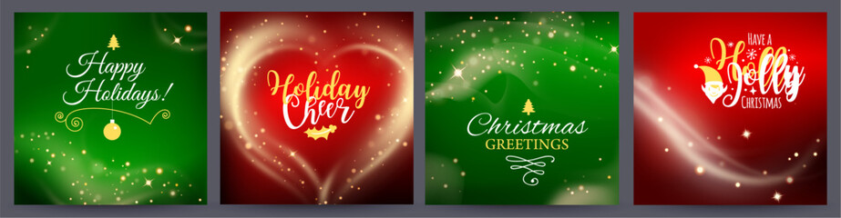 Set of four square Christmas e-cards with festive typography, decorations, and modern holiday design. Perfect for social media greetings and winter celebration promotions.