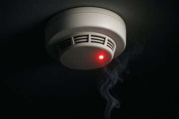 Photo of a smoke detector on the ceiling with a flashing red indicator and rising smoke in a dark room, realistic fire safety concept with dramatic lighting.
