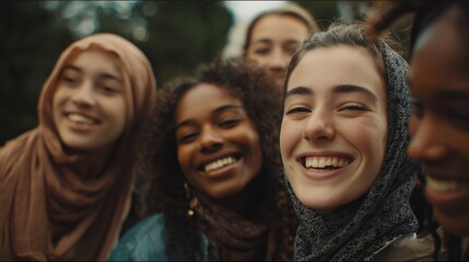 In a natural outdoor setting, a group of young women displays joy and camaraderie. These women, representing various cultural backgrounds, share smiles and laughter together.