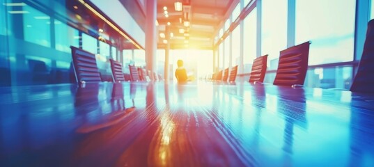 Diverse team strategizes in a contemporary glass office with natural light and elegant wooden table