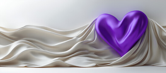 heart purple white satin fabric. Valentine's day, 14 February theme banner. Love and romance background. Ivory satin silk texture wave background with red heart shape.  