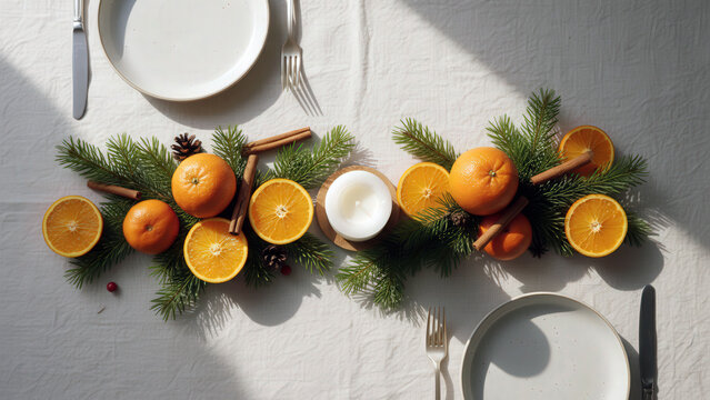A composition of fir branches, pine cones, oranges, and cinnamon. Winter table decoration for two.
