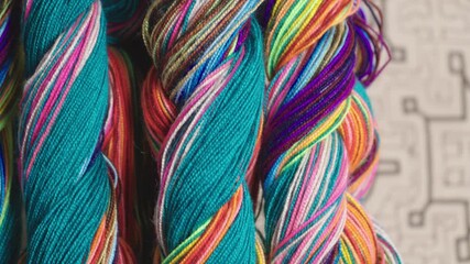 Close-up view of vibrant, hand-dyed yarn skeins featuring a mix of turquoise, purple, yellow, pink, and multicolored strands. The detailed texture and rich hues highlight artisan craftsmanship - Powered by Adobe