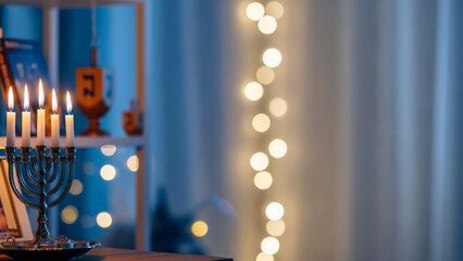 Lit menorah candles for Hanukkah celebration on a wooden table with soft blue background and golden bokeh lights.