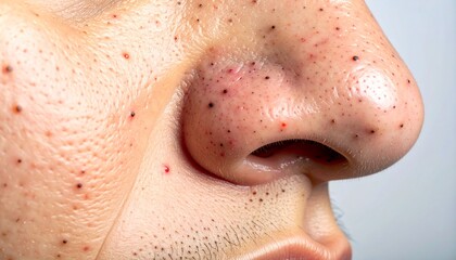 Naklejka premium A macro, high-resolution photograph of the human nose's side profile, focusing intensely on the skin's texture, showing numerous prominent, dark, pore-clogging blackheads and minor redness.