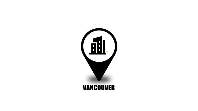 Location of the city of Vancouver, the name of the place with the location has been displayed, sign animated with alpha channel 4K. GPS map navigator system animation. route destination city streets.