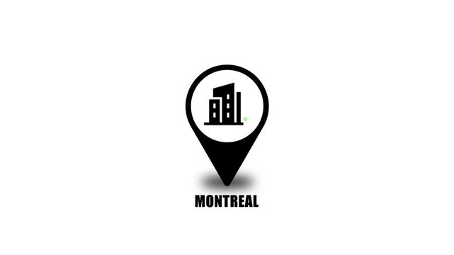 Location of the city of Montreal, the name of the place with the location has been displayed, sign animated with alpha channel 4K. GPS map navigator system animation. route destination city streets.