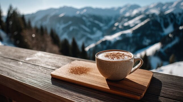 Enjoy a warm coffee on a snowy mountain retreat balcony, a relaxing getaway in nature with beautiful scenery and fresh air vibes